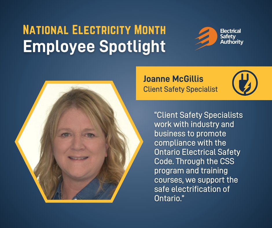 This #NationalElectricityMonth let’s remember: education is the first step to electrical safety. 👉Meet Joanne McGillis, a Client Safety Specialist at ESA, who promotes ⚡electrical safety through education, training and ongoing support.