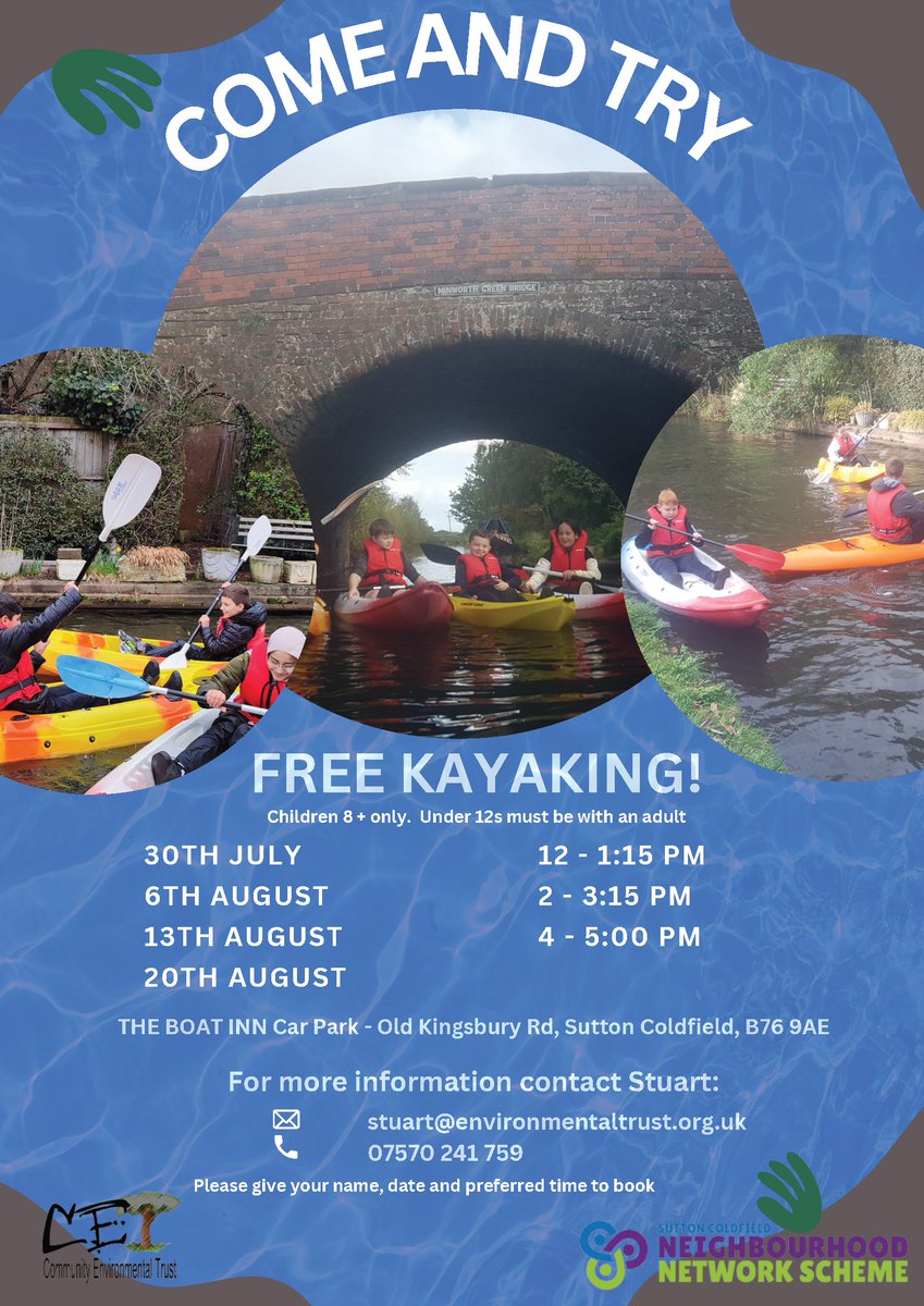 RoyalSutColTC's tweet image. 🛶 The Community Environmental Trust are running a series of free Kayaking sessions throughout the summer.
Meeting Point: The Boat Inn Car Park, Old Kingsbury Road, Minworth, B76 9AE
For more information email stuart@environmentaltrust.org.uk or call 07570241759