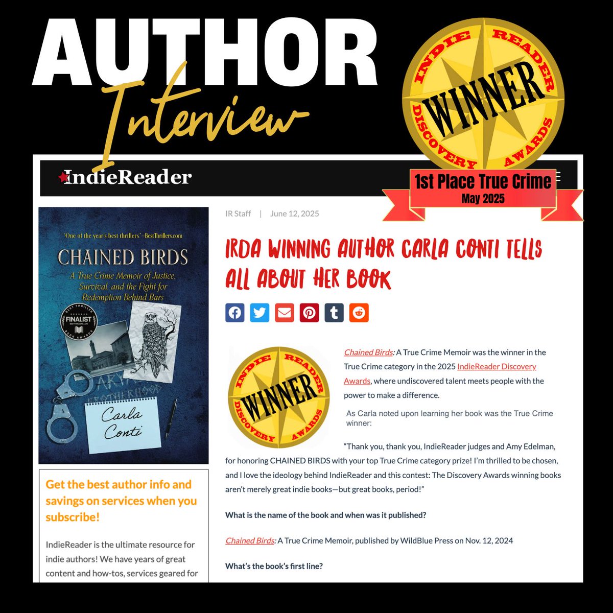 Carla Conti (@carlajeanconti) on Twitter photo πβοΈ π Many thanks to <a href="/IndieReader/">IndieReader</a> for this new author interview about #ChainedBirds, which they named as their 2025 #TRUECRIME BOOK AWARD WINNER π₯³πβ¦ I'm so honored for the spotlight π«Ά and congratulate all my fellow category winners and those taking the top prizes in πβοΈ π Many thanks to <a href="/IndieReader/">IndieReader</a> for this new author interview about #ChainedBirds, which they named as their 2025 #TRUECRIME BOOK AWARD WINNER π₯³πβ¦ I'm so honored for the spotlight π«Ά and congratulate all my fellow category winners and those taking the top prizes in