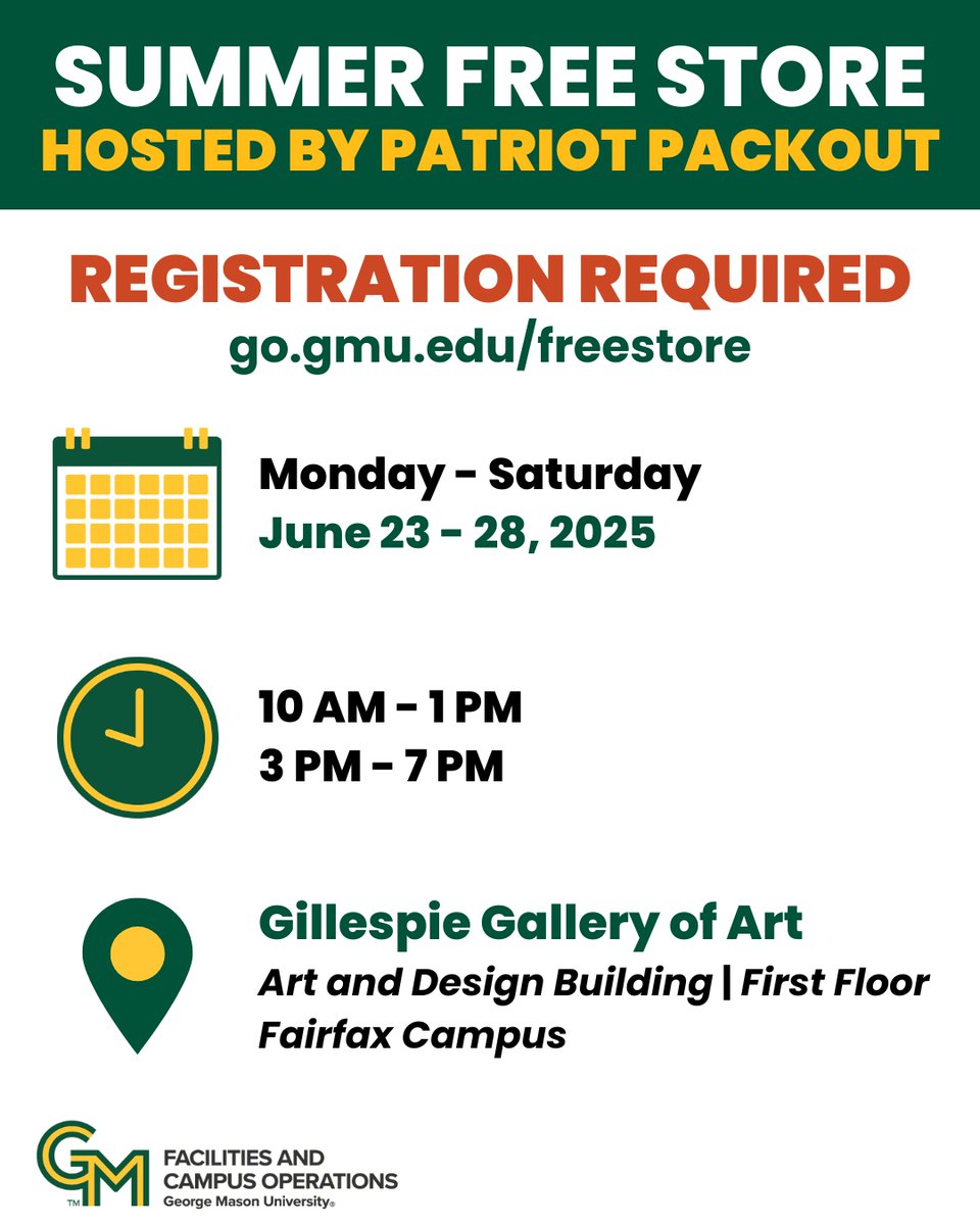 👚The Summer Free Store hosted by PPO is returning 6/23 -6/28 from 10AM - 1PM &amp; 3PM - 7PM! Thrift gently used clothes, electronics, home goods, and more for FREE! Register here:🔗 go.gmu.edu/freestore  #sustainMASON 🌱💚 #Masonnation #PatriotPackout #ZeroWaste