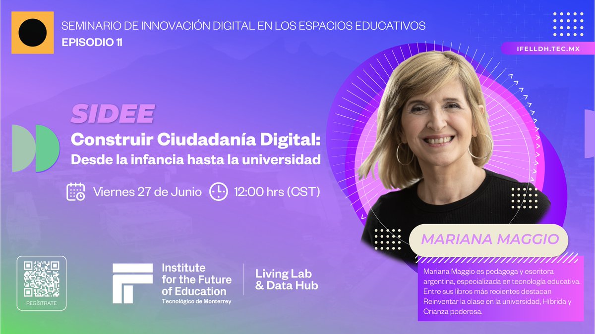 igrezan's tweet photo. 🎙️“Construir ciudadanía digital: de la infancia a la universidad”
📆 27 de junio | 12:00 (MX)
Con Mariana Maggio en #IFELivingLab @TecdeMonterrey
✍🏼Registro: https://t.co/clli77WsJX
cc @tecnoeduUBA @Universia @ImpactoTIC @SEP_mx @Mineduc @Mineducacion @educaciongob @_edutec_ https://t.co/9bPTRNLEeu