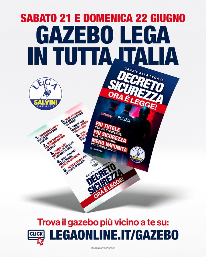 LegaSalvini's tweet photo. 🔵 Grazie alla Lega, il Decreto Sicurezza è LEGGE!

👉🏻 Questo fine settimana la Lega scende in piazza in tutta Italia per condividere con i cittadini i contenuti del provvedimento, che prevede più tutele per le Forze dell’ordine e per le… https://t.co/QVh4F6tTX8 https://t.co/qxqSkoA5aR