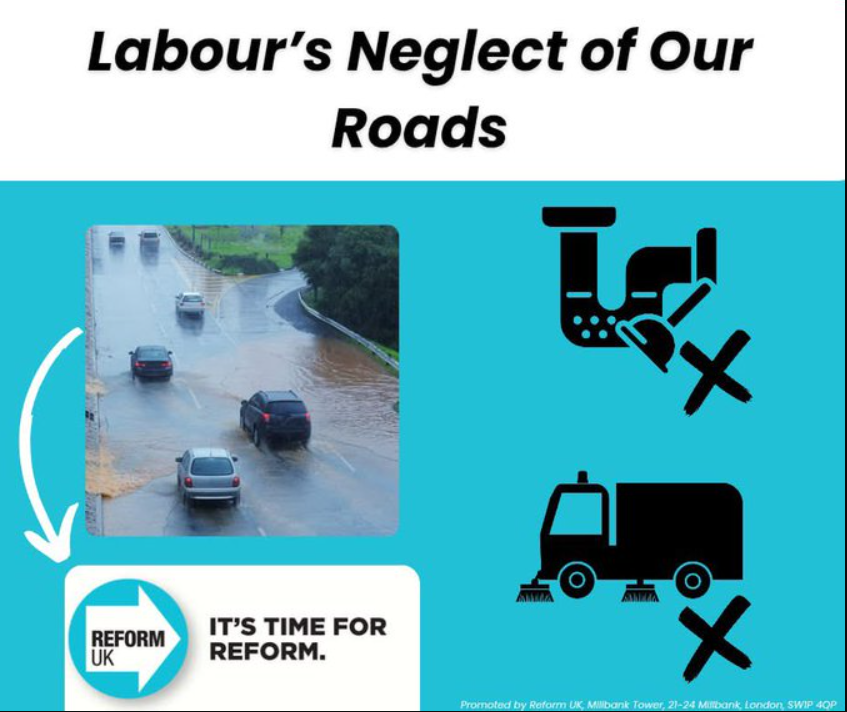 Reform UK Bracknell have posted this whilst campaigning for a Town Council seat.

Two issues: 
1) The roads are the responsibility of the Borough Council.
2) The image shows cars driving on the right hand side, because it's of Texas.