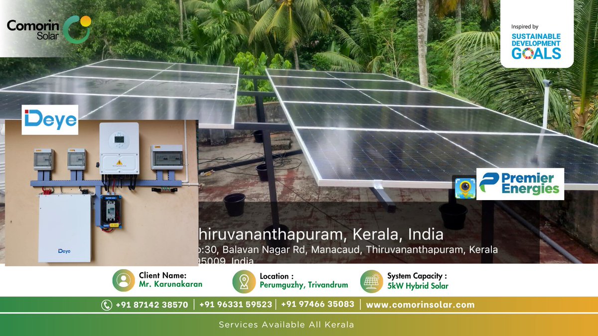 COMORINSOLAR1's tweet image. Customer Name : Mr. Karunakaran, Perumguzhy, Trivandrum
👉 Project Specification — 5KW Hybrid Solar Plant
👉 Inverter —  Deye New Energy Hybrid Inverter
👉 Solar Panel — Premier Energies 545Wp Panel

#energy #EnergyStorage #netzero #solarpower #solarsystem #ClimateAction #Kerala