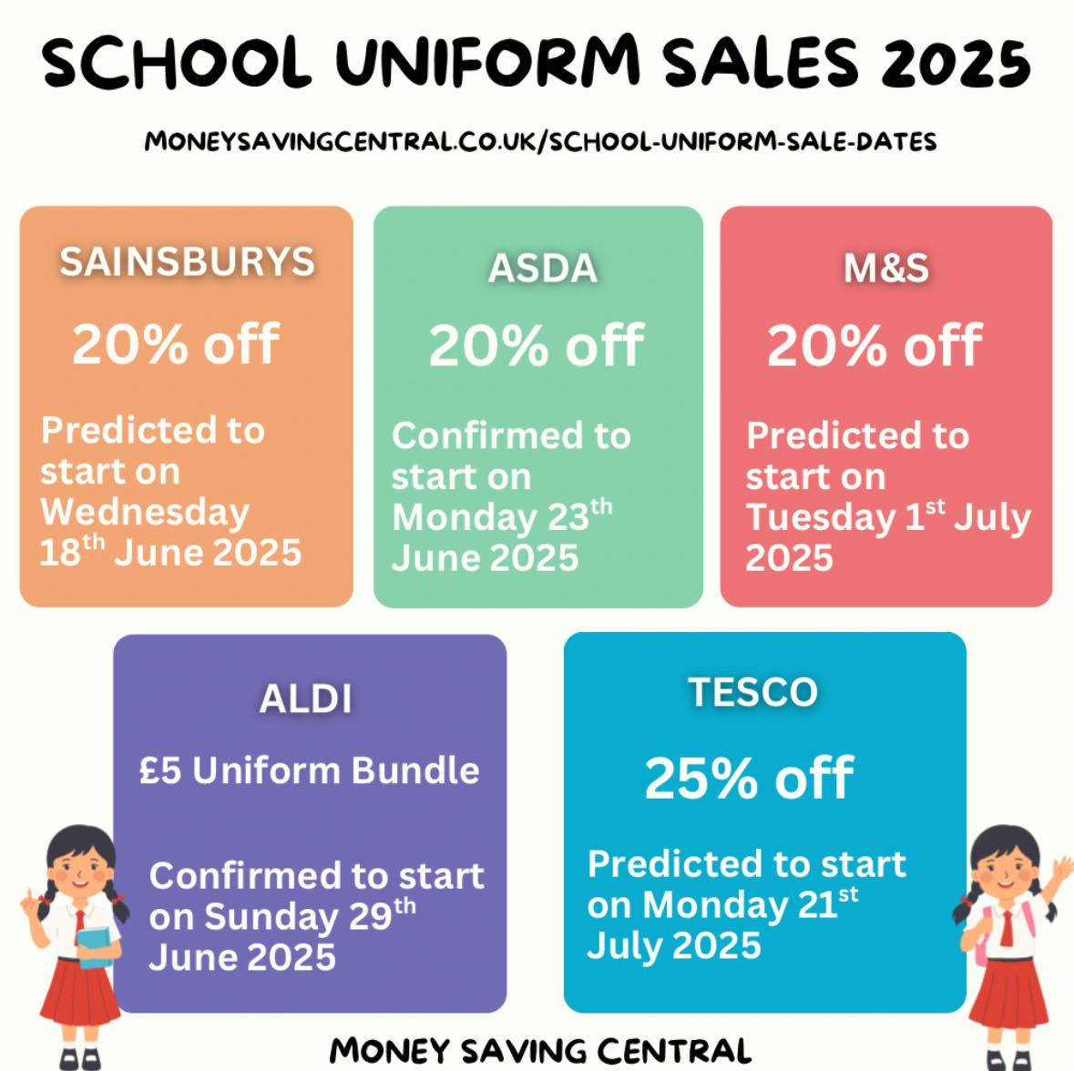 Money Saving Central  
This Year's Confirmed &amp; Predicted School Uniform Sale Dates  
moneysavingcentral.co.uk/school-uniform…