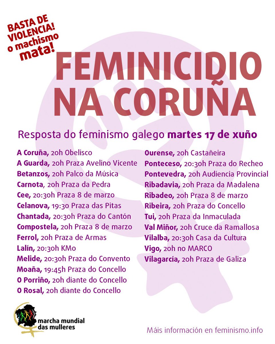 🔴🔴SUMAMOS MOBILIZACIÓNS
Novas localidades que se suman ás mobilizacións para este martes 17 de xuño en resposta ao feminicidio de Maritza na Coruña.

As localidades seguen organizándose para estender a resposta‼️