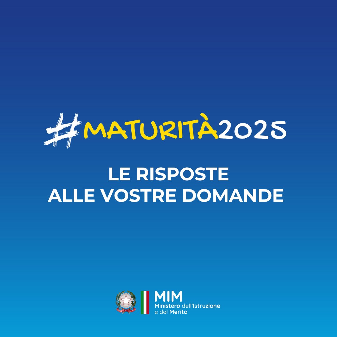 📌 Sta per cominciare la #Maturità2025!
Qui tutte le risposte alle domande che ci avete inviato in questi giorni sugli #EsamidiStato2025 ➡
facebook.com/share/p/1A7r78…

Qui la sezione dedicata ➡ istruzione.it/esami-di-stato…

#MIMaturo