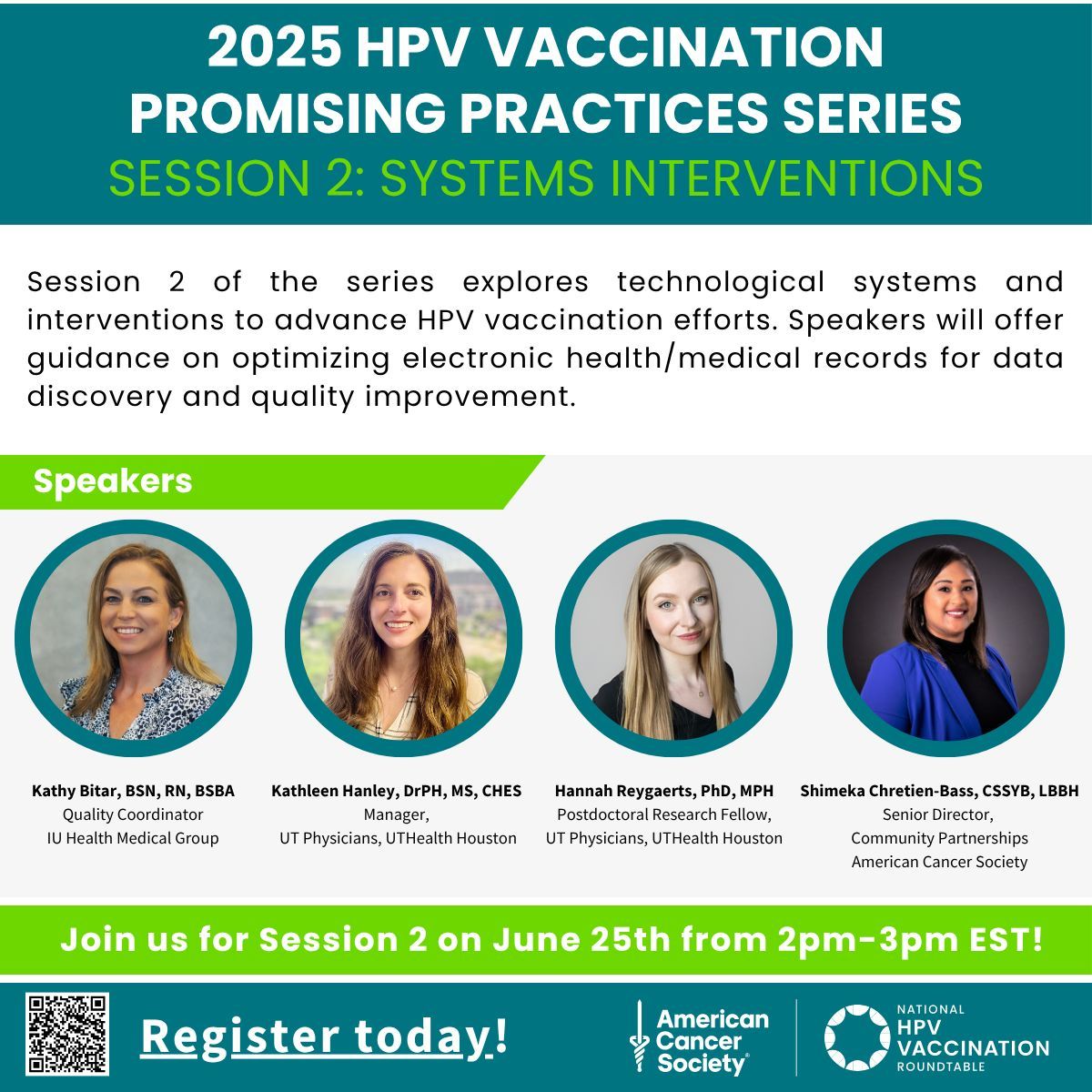 Join ACS and ACS HPVRT for the quarterly HPV Vaccination Promising Practices Series. Session 2 will take place on June 25 from 2-3pm ET and will focus on optimizing EHR/EMR for data discovery and quality improvement. Don't miss this opportunity! buff.ly/ycKQOlI