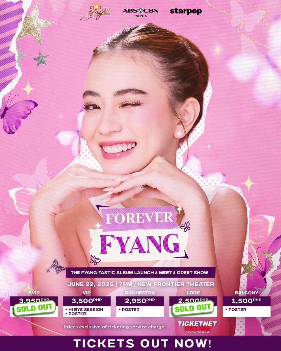 FYANGTASTIC TALAGA KAYO! 💜

SVIP and LOGE: OFFICIALLY SOLDOUT! 🥳

Bawal talagang di ka makapunta and huwag naman sanang mamiss out mo itong iconic concert, kaya bili na! 

FOREVER FYANG
📍New Frontier Theater
📅 June 22, 2025 | 7PM
🎟️bit.ly/ForeverFyangTi…