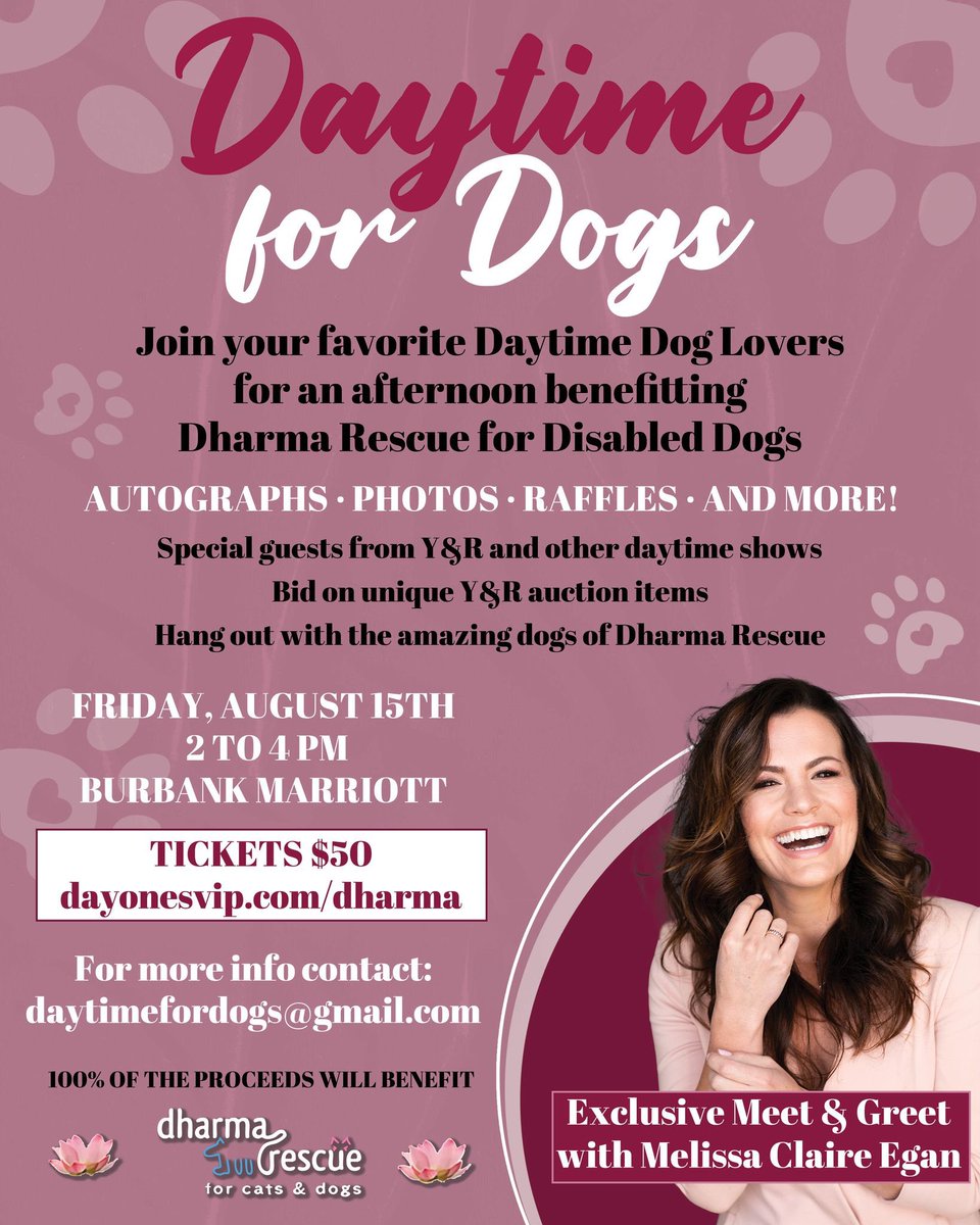 Come join me on Friday, August 15th for a fun, personal, intimate hang out with your favorite soap stars! 
All benefiting Dharma Rescue, an incredible charity that saves and rehabilitates disabled animals. 
There will be autographed items, awesome auction items, and more!