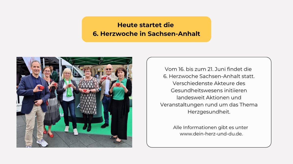 Los geht´s mit der  ♥️ 6. #Herzwoche #SachsenAnhalt♥️  auf dem Marktplatz in #Halle. 
Die weiteren großen Aktionstage: 
➡️17.6. #Burg
➡️18.6. #Dessau
➡️19.6. #Stendal
➡️20./21.6. #Magdeburg
Alle Veranstaltungen landesweit im Überblick 👉 dein-herz-und-du.de
#herzgesundheitlsa