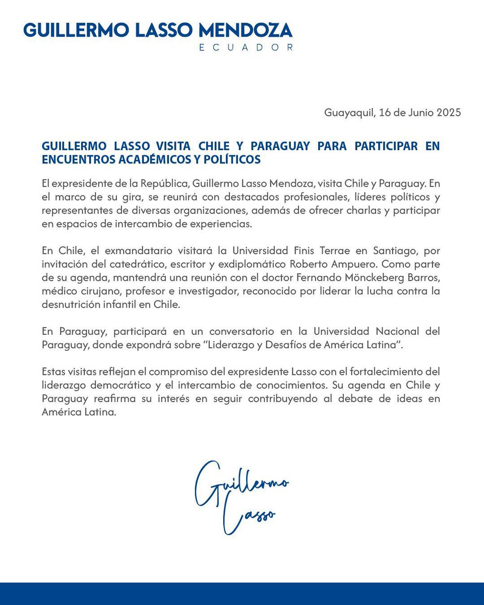 Guillermo Lasso (@lassoguillermo) on Twitter photo Hoy comienzo una visita a Chile y Paraguay para compartir ideas, escuchar a nuevos líderes y seguir aprendiendo.
⠀
En Santiago, hablaré con referentes académicos, políticos y sociales  que han marcado una diferencia. En Asunción, conversaré sobre los retos que enfrenta nuestra Hoy comienzo una visita a Chile y Paraguay para compartir ideas, escuchar a nuevos líderes y seguir aprendiendo.
⠀
En Santiago, hablaré con referentes académicos, políticos y sociales  que han marcado una diferencia. En Asunción, conversaré sobre los retos que enfrenta nuestra