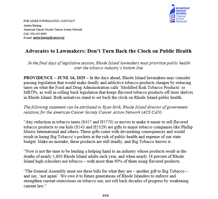 We can’t let Big Tobacco gain ground in Rhode Island. 

Here’s our statement on two bills the General Assembly must reject in the final week of session: