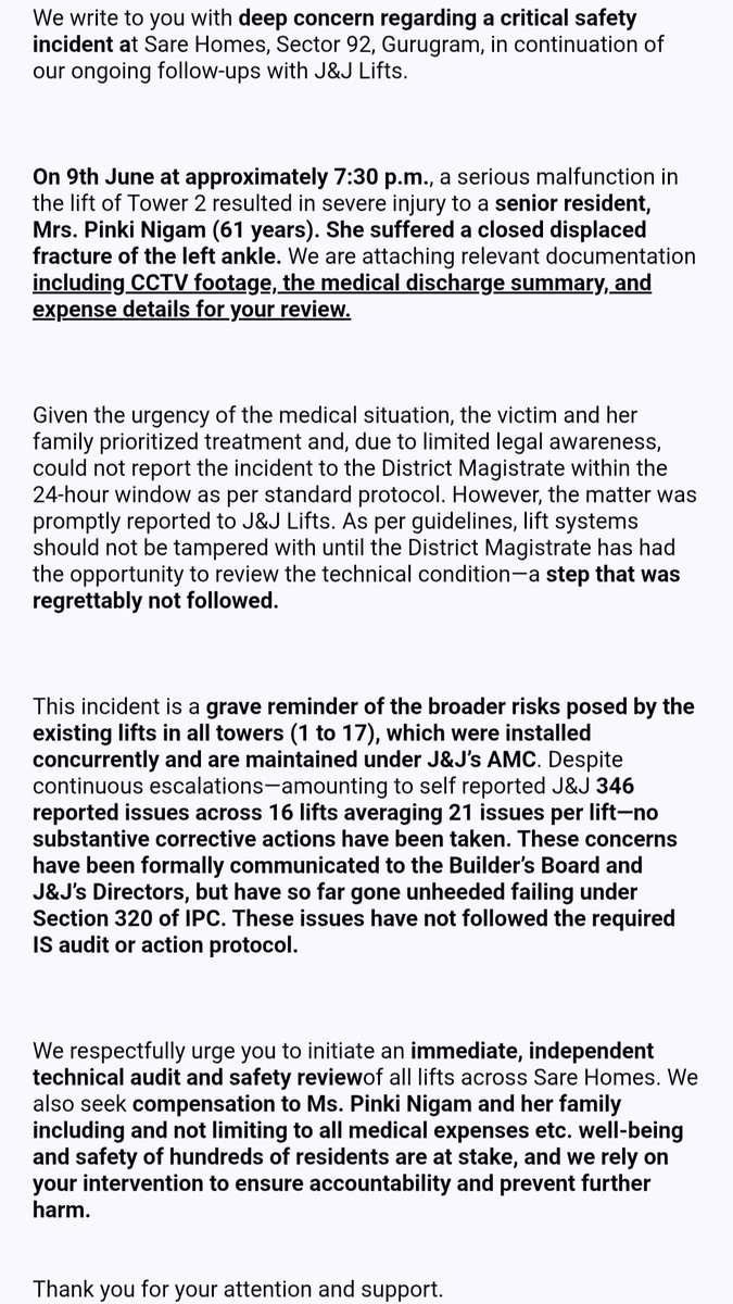 Angel1714417589's tweet photo. @BISINDIA @JaagoGrahak @PMOIndia @cmohry @JEscalators @aajtak @DC_Gurugram @hareragurugram3 
Lift Malfunction Incident and Safety concern – Sare Homes, Sector 92, Gurugram

We have CCTV  footage, medical records of the grieved https://t.co/m2JsXEPQLN