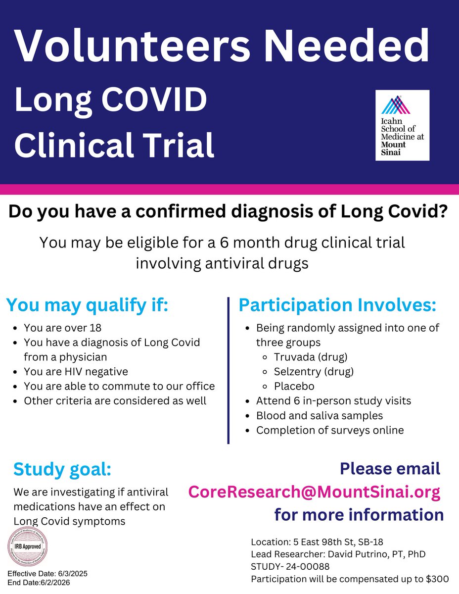 CoRE at Mount Sinai (@coresinai) on Twitter photo We're exploring the effects of two antiviral medications on Long COVID symptoms. For more information, email CoreResearch@MountSinai.org. We're exploring the effects of two antiviral medications on Long COVID symptoms. For more information, email CoreResearch@MountSinai.org.
