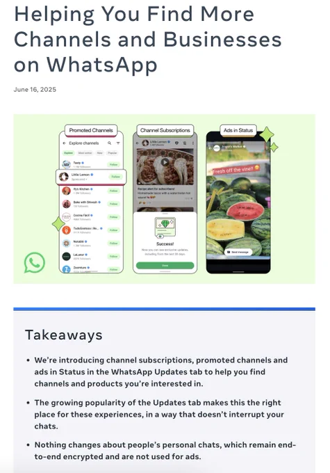 🚨 BREAKING : $META introduce per la prima volta la pubblicità su WhatsApp