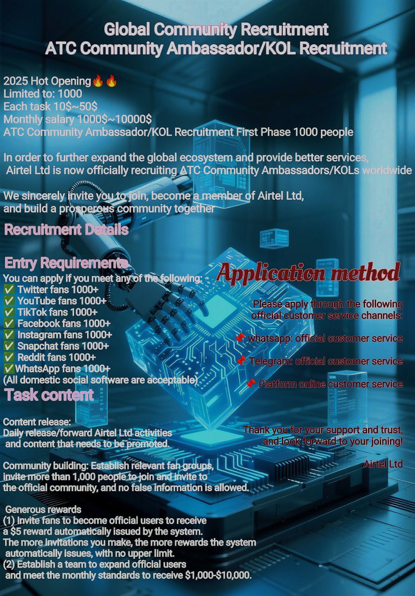 cryptowithmasum's tweet photo. AIRTEL is currently promoting the company and distributing US dollar cash benefits to the world. Anyone in the world can participate in the event. The event is limited to the first 1,000 people, first come first served. Please contact the company manager Telegram: @Airtel6Diana1 https://t.co/0MspROKtI7