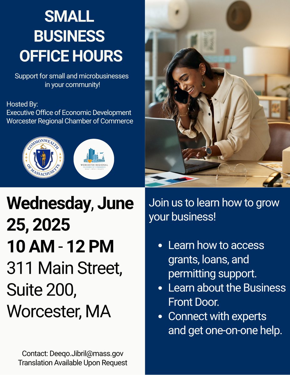 MassEOED's tweet image. Running a small business in Worcester?  Hoping to start a business?  Stop by our Small Business Office Hours on Wednesday, June 25 to get free support on everything from funding to permitting.

🕙10AM - 12PM
📍311 Main Street, Suite 200

Questions? Contact Deeqo Jibril at…