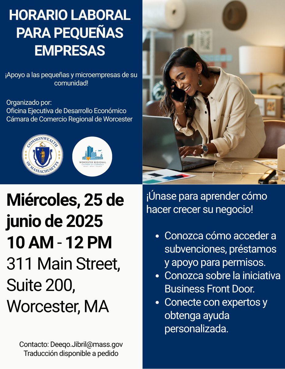 Running a small business in Worcester?  Hoping to start a business?  Stop by our Small Business Office Hours on Wednesday, June 25 to get free support on everything from funding to permitting.

🕙10AM - 12PM
📍311 Main Street, Suite 200

Questions? Contact Deeqo Jibril at