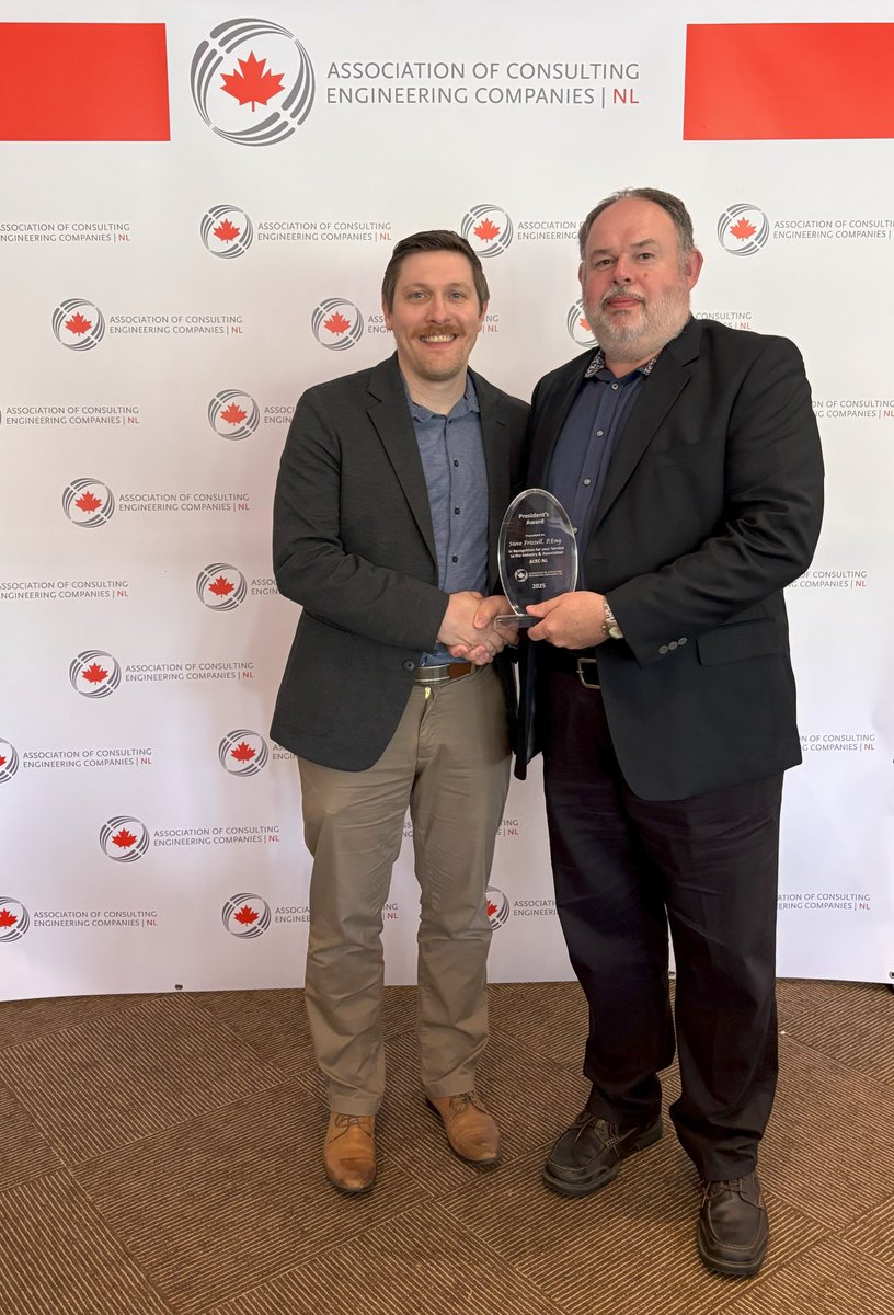 ACECNL1's tweet photo. Congratulations to Steve Frizzell with Allnorth on receiving the 2025 ACEC-NL President's award!

Steven Greeley - ACEC-NL President (L), Steve Frizzell - Allnorth (R) https://t.co/kSryk3wWel