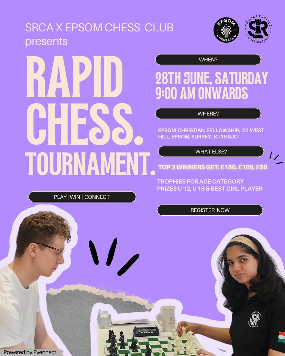 ClubEpsom's tweet image. BREAKING NEWS: Epsom Chess Club are delighted to reveal a new partnership with the Shivika Rohilla Chess Academy (SRCA).
As such, we would like to reveal our new &apos;1st Epsom SRCA Rapidplay&apos; event on Saturday 28th June!
docs.google.com/forms/d/e/1FAI…