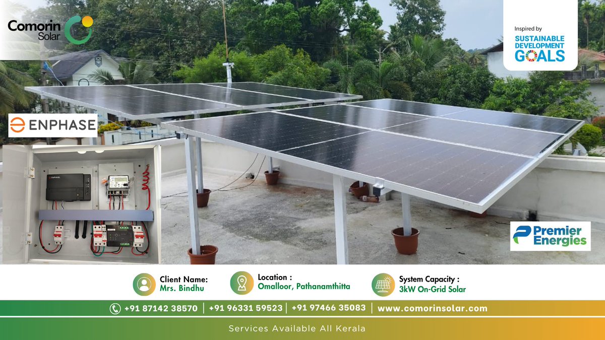 COMORINSOLAR1's tweet image. Customer Name : Mrs. Bindhu, Omalloor, Pathanamthitta
👉 Project Specification — 3KW On-Grid Solar Plant
👉 Inverter — Enphase India Micro Inverter
👉 Solar Panel — Premier Energies 540Wp Panel

#energy #EnergyStorage #netzero #solarpower #solarsystem #ClimateAction #Kerala