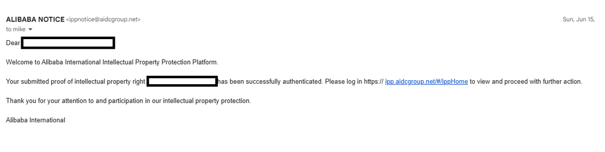 After filling out the app like 20 times, Alibaba finally approved me for their IP Brand Protection program.  Will now find out how easy it is to get counterfeiters removed.