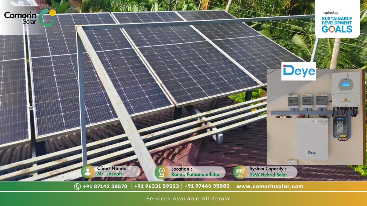 COMORINSOLAR1's tweet image. Customer Name : Mr. Joseph , Ranni, Pathanamthitta
👉 Project Specification — 3KW Hybrid Solar Plant
👉 Inverter —  Deye New Energy Hybrid Inverter

#energy #EnergyStorage #netzero #solarpower #solarsystem #ClimateAction #Kerala