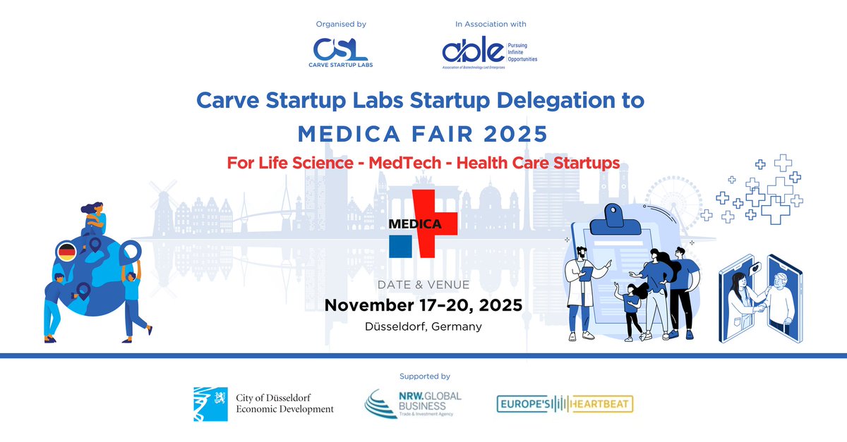 Carve Startup Labs (@carvestartuplab) on Twitter photo 🚨 Call for Indian startups in healthtech, medtech & biotech!
Join the Carve Startup Labs delegation to MEDICA 2025 🇩🇪 – world’s biggest medical B2B fair!
📍 Düsseldorf | 📅 Nov 17–20
✅ Apply by June 30
🔗tinyurl.com/ym979fz4
<a href="/iamvishnunraj/">Vishnu Nagaraj</a> <a href="/iamalishadavis/">Alisha Davis</a>
#Medica2025 🚨 Call for Indian startups in healthtech, medtech & biotech!
Join the Carve Startup Labs delegation to MEDICA 2025 🇩🇪 – world’s biggest medical B2B fair!
📍 Düsseldorf | 📅 Nov 17–20
✅ Apply by June 30
🔗tinyurl.com/ym979fz4
<a href="/iamvishnunraj/">Vishnu Nagaraj</a> <a href="/iamalishadavis/">Alisha Davis</a>
#Medica2025