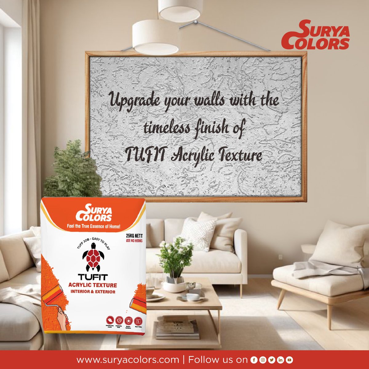 suryacolors's tweet image. Beautiful today. Impeccable tomorrow. TUFIT Acrylic Texture's stain-resistant, fade-proof technology means your walls stay pristine with minimal care—saving you time, money, and redecorating stress. Paint smarter, not harder.

#HomeDecor #InteriorDesign #StainResistant #FadeProof