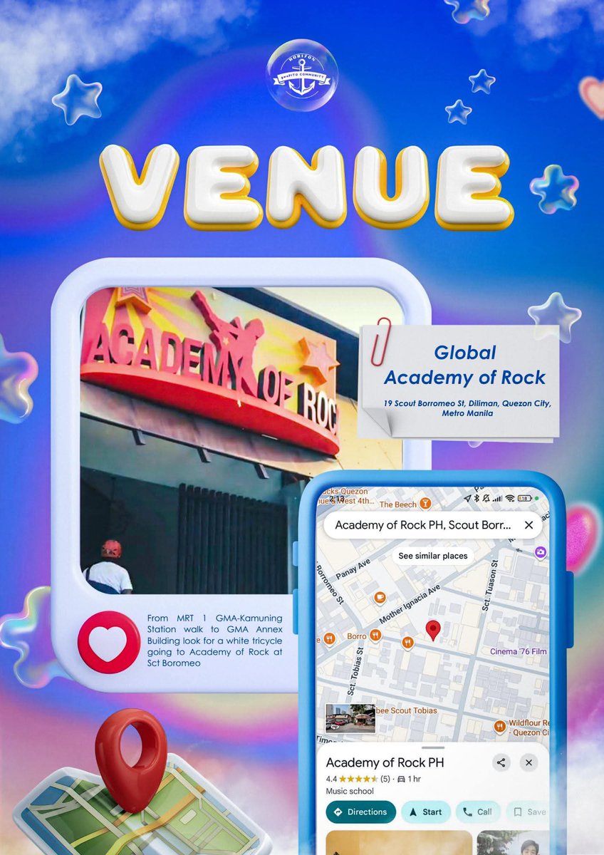 GwaPITOCom's tweet photo. Ready to find your way to the celebration? 🗺️✨ 
Here's everything you need to know to get to #GWAPITWOgether!

📍 EVENT VENUE
Global Academy of Rock
19 Scout Borromeo St, Diliman, Quezon City

🚗 *By Car/Grab*: Search for "*Global Academy of Rock*" on Waze or Grab.

🚆 *By MRT*: Alight at *GMA-Kamuning Station*. From there, it's a short walk or a tricycle ride away!

🚌 *By Bus/Jeep*: Use the *EDSA Carousel (Kamuning Stop)* or any jeepney plying the *Timog Ave.* route.

Landmarks to look out for are GMA Network and the general Scout area.

Let’s light up Quezon City together, ANCHORs! See you on July 12th! 🌟

#GwapiTWOgether
#TwoYearsInFlight
#HORI7ON #호라이즌 
@HORI7ONofficial 
@HORI7ON_twt