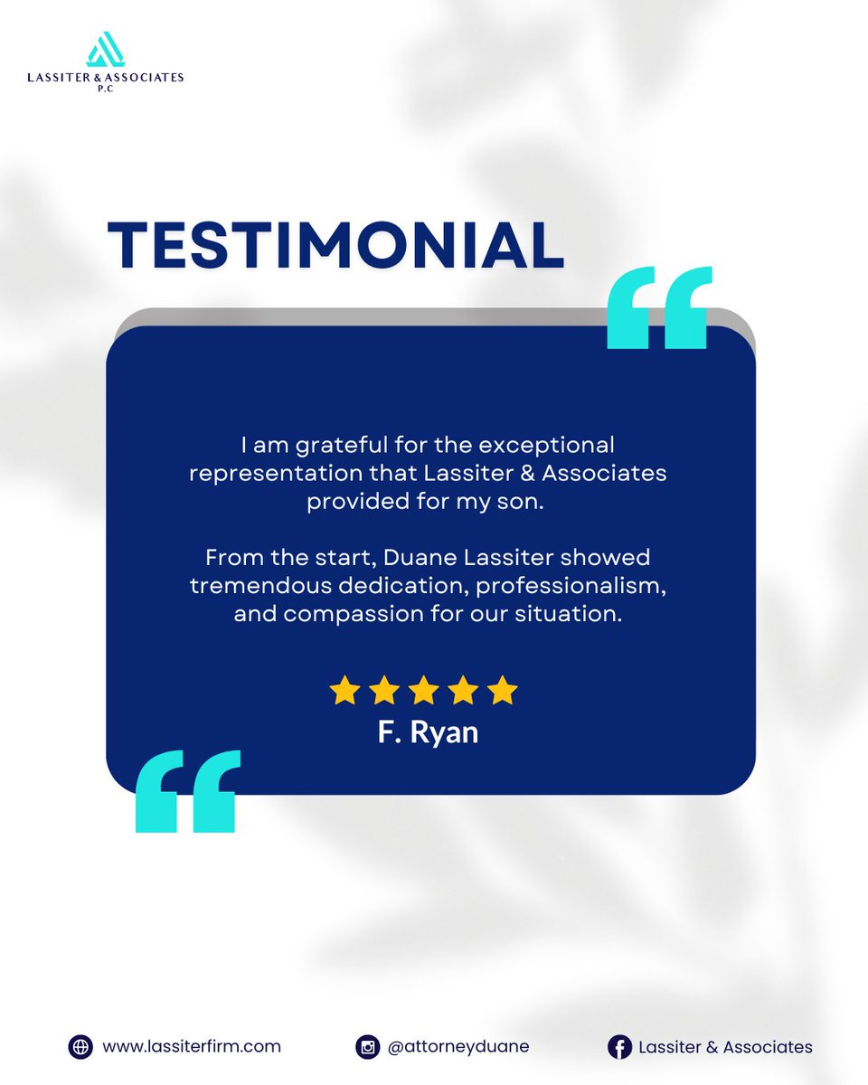 AttorneyDuane's tweet photo. A heartfelt thank you from a grateful client. 💙 Trust. Dedication. Results. That’s the Lassiter &amp; Associates difference.

#ClientTestimonial #JusticeWithCompassion #DuaneLassiter #LassiterLaw https://t.co/bLpl4mWbmm