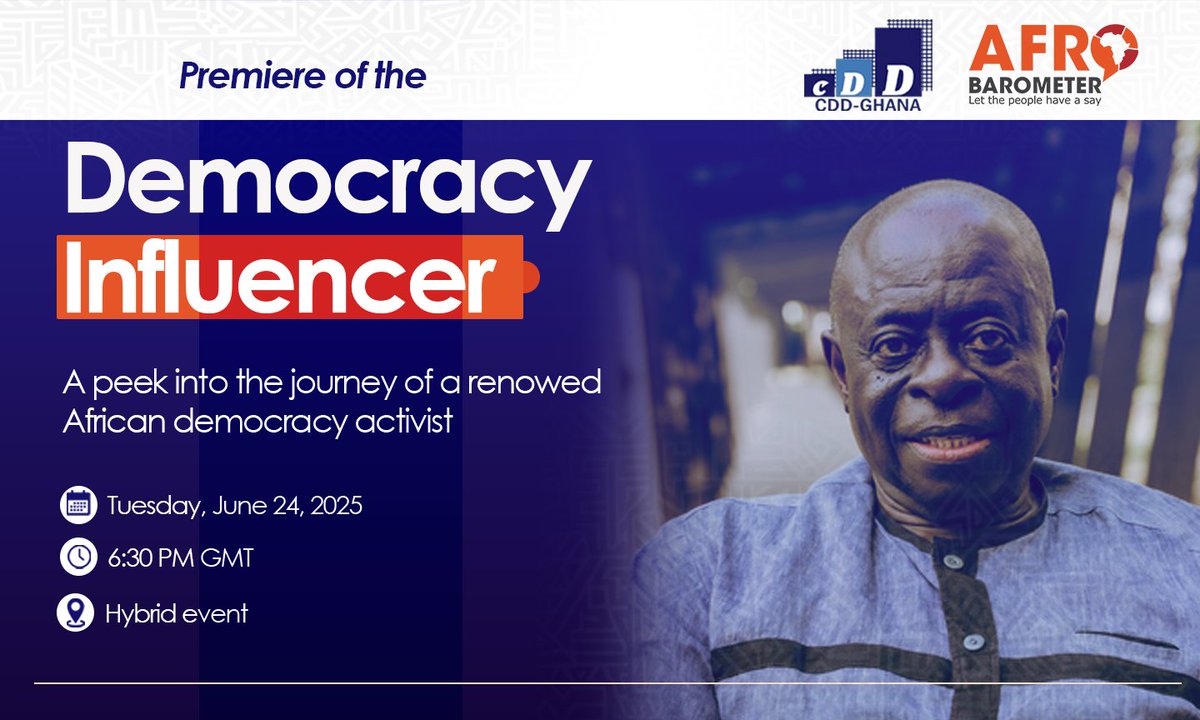 CDD-Ghana (@cddgha) on Twitter photo Join us for the virtual premiere of a new documentary chronicling the life and legacy of Professor E. Gyimah-Boadi (<a href="/gyimahboadi/">E.Gyimah-Boadi</a>), a towering figure in Africa’s democratic development and co-founder of <a href="/CDDGha/">CDD-Ghana</a> and <a href="/afrobarometer/">Afrobarometer</a>.
This is more than a personal story; it’s a Join us for the virtual premiere of a new documentary chronicling the life and legacy of Professor E. Gyimah-Boadi (<a href="/gyimahboadi/">E.Gyimah-Boadi</a>), a towering figure in Africa’s democratic development and co-founder of <a href="/CDDGha/">CDD-Ghana</a> and <a href="/afrobarometer/">Afrobarometer</a>.
This is more than a personal story; it’s a