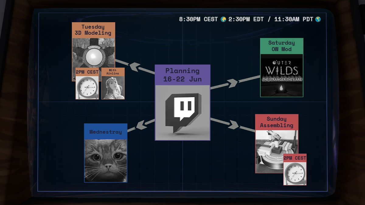 📆 Twitch planning (16-22 June)

Likely finishing everything this week (the modeling (at least the main part I do on stream), Stray and the Outer Wilds story mod), and Sunday we'll have our first Nomai Recorder assembling stream!