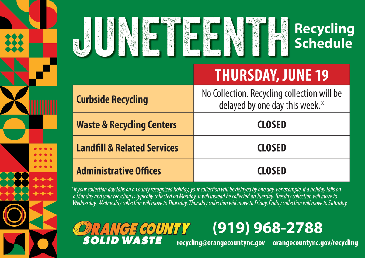 Please note recycling collection changes and facility closures for the upcoming Juneteenth holiday ♻️

Don’t forget you can sign up for collection reminders in our FREE smartphone app “Orange County NC Recycles”

#recycleright #haveyourecycledrighttoday