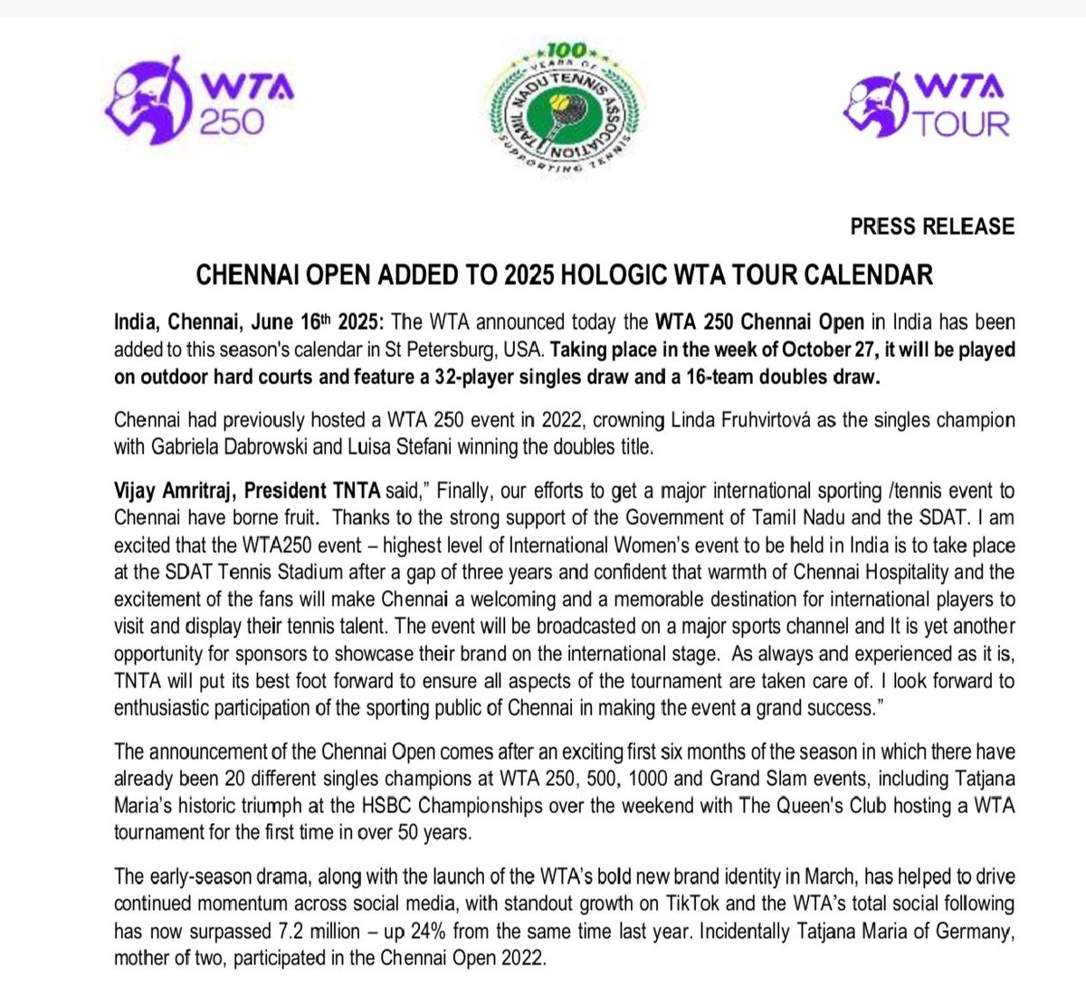 The <a href="/WTA/">wta</a> returns to India with a 250 event in Chennai in October