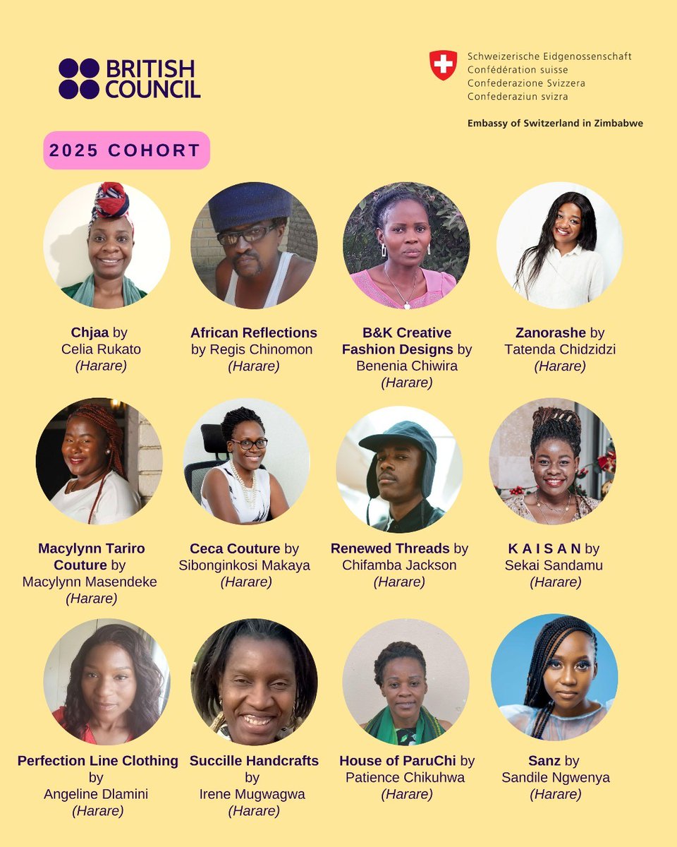 zwBritish's tweet photo. Meet the #CreativeDNA Zimbabwe 2025 Cohort! These talented apparel, accessory & textile designers from across Zimbabwe (Harare, Byo, Marondera, Gweru, Masvingo) just completed an intensive 3-month Fashion Business Accelerator with experts from Zim & UK. #Cohort2025
@SwissEmbZim https://t.co/8Ah7jh9oOx