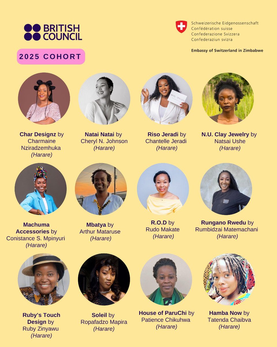 zwBritish's tweet photo. Meet the #CreativeDNA Zimbabwe 2025 Cohort! These talented apparel, accessory & textile designers from across Zimbabwe (Harare, Byo, Marondera, Gweru, Masvingo) just completed an intensive 3-month Fashion Business Accelerator with experts from Zim & UK. #Cohort2025
@SwissEmbZim https://t.co/8Ah7jh9oOx