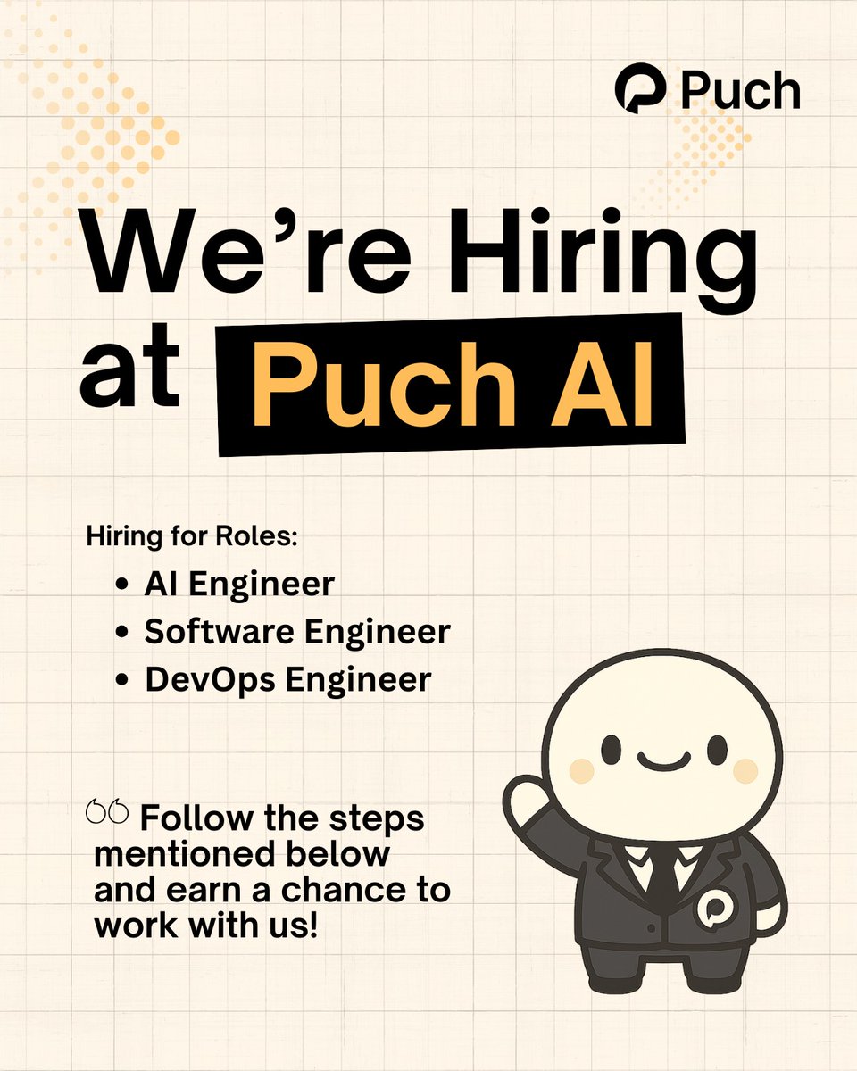 *** Internship Opportunity ***

Puch AI is hiring! Join us in building AI for Billions.

💰 Stipend: ₹1L/month
🗓️ Start Date: July 2025
📍 Location: Virtual
🚀 Career Path: PPOs for top performers

Open Roles:
1. AI Engineer
2. Software Engineer
3. DevOps Engineer

If you're