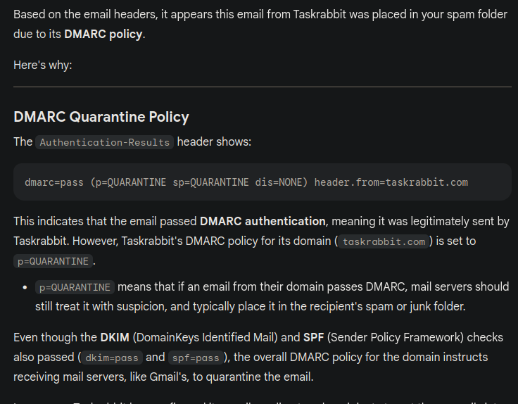 deliver_ability's tweet photo. Weird how all emails from #Taskrabbit wind up routed to my Gmail spam folder.

So I asked Google's AI why? Here's what it said:

#EmailMarketing #DigitalMarketing #EmailMarketingTips #EmailCampaign #EmailDeliverability #Deliverability https://t.co/PuBo9t9rCg