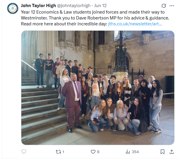 JohnTaylorMAT's tweet photo. Activities to share from our secondary schools - a visit to Westminster for Yr 12 students @johntaylorhigh, celebrating success for the girls football team @KingsmeadOnline, rewarding great behaviour and attendance @Pauletonline and celebrating Ofsted good news @The_CTA_Way 👏😀 https://t.co/4xBmiwlpWa