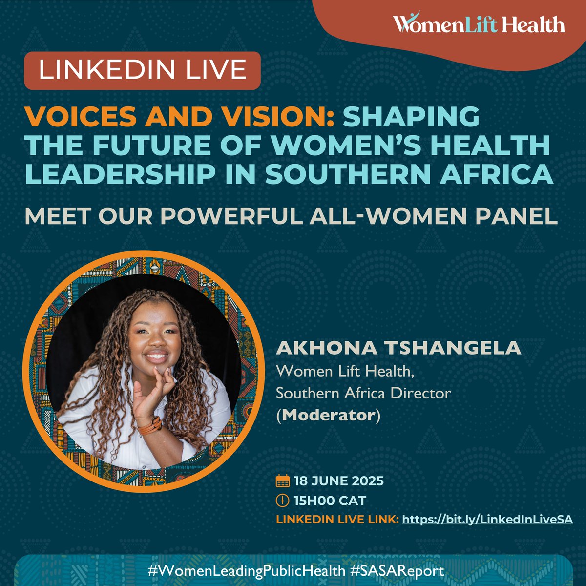WomenLift Health (@womenlifthealth) on Twitter photo What will it take to elevate women’s leadership in health across Southern Africa? 🌍
Join <a href="/AkhonaTshangela/">Akhona Tshangela</a>, <a href="/womenlifthealth/">WomenLift Health</a> Southern Africa Director, for the #WomenLeadingPublicHealth #LinkedInLive as she moderates a powerhouse all-women panel unpacking insights from our What will it take to elevate women’s leadership in health across Southern Africa? 🌍
Join <a href="/AkhonaTshangela/">Akhona Tshangela</a>, <a href="/womenlifthealth/">WomenLift Health</a> Southern Africa Director, for the #WomenLeadingPublicHealth #LinkedInLive as she moderates a powerhouse all-women panel unpacking insights from our