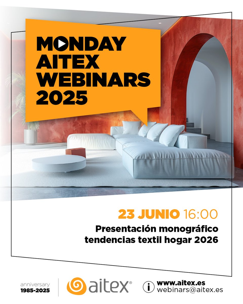 🔊#MondayAITEXWebinar!

Monográfico de Tendencias para Textil Hogar 2026, fruto de un exhaustivo proceso de investigación, análisis y validación de factores socioculturales, tecnológicos y de mercado

Inscripciones: aitex.es/mondayaitexweb…

🎙Imparte equipo diseño #VALHABITAT2025