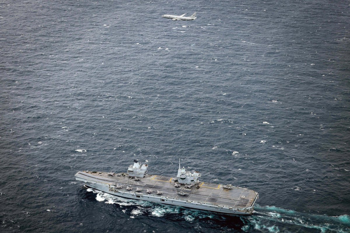 RAAF P-8 Poseidon seen overflying HMS Prince of Wales.

UK Carrier Strike Group is still bound for Australia to participate in Ex. Talisman Sabre 2025.

(Src/img: defenceimagery.mod.uk)