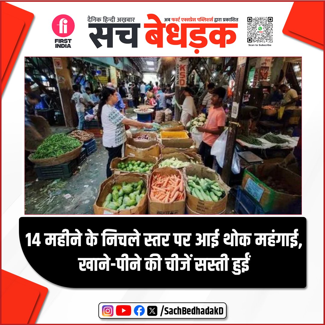 SachBedhadakD's tweet image. 14 महीने के निचले स्तर पर आई थोक महंगाई, खाने-पीने की चीजें सस्ती हुईं
मार्च 2024 में थोक महंगाई दर 0.26% रही, 16 जून को वाणिज्य और उद्योग मंत्रालय ने जारी किए आंकड़े
फ्यूल और पावर की थोक महंगाई दर -2.18% से घटकर -2.27 रही

#Fuel #FoodItems #Viral #sachbedhadakdaily #HindiNews