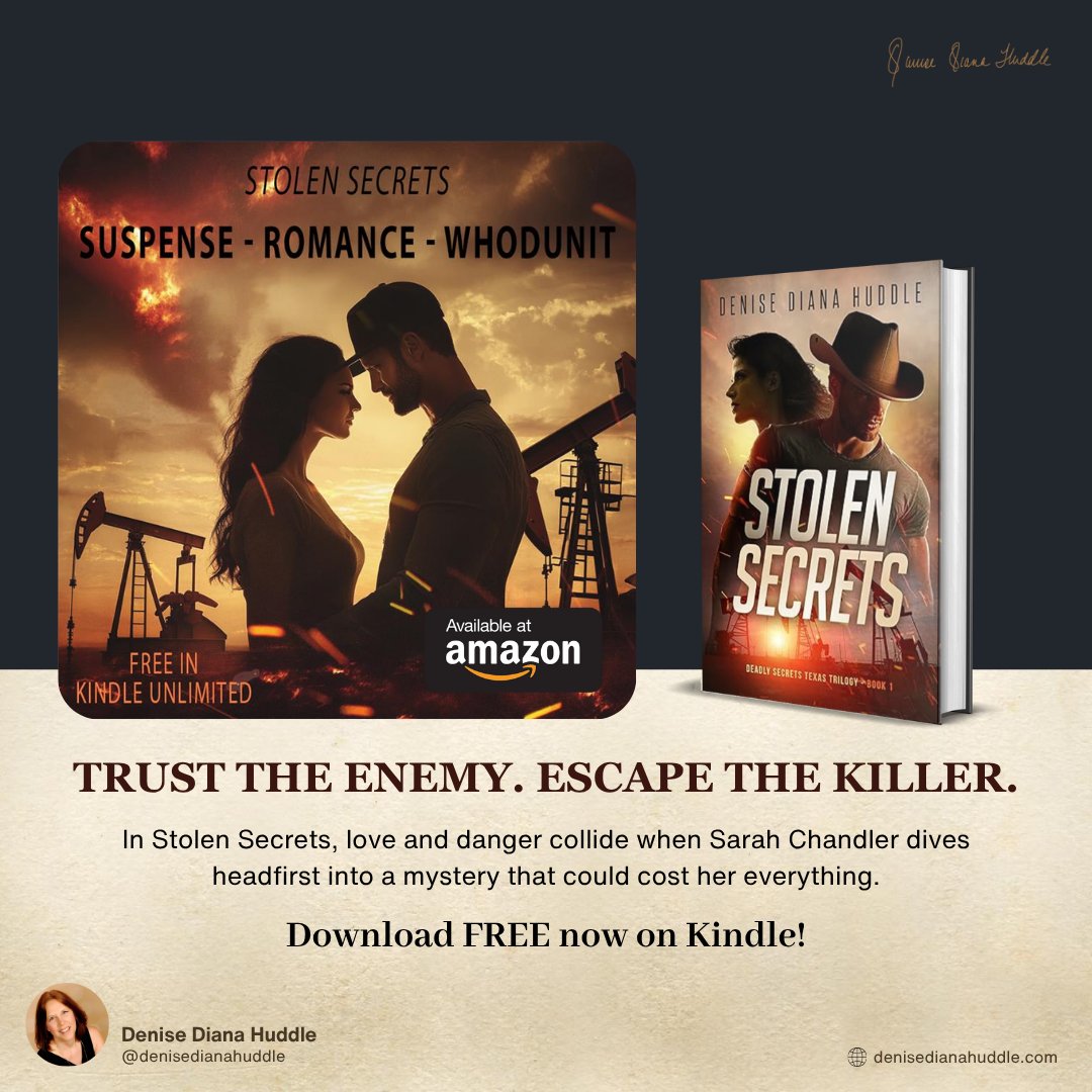 Secrets can kill—and Sarah’s are no exception. Stolen Secrets pulls her into a high-stakes game of lies, danger, and forbidden passion. 
.
Get Your Book Now - denisedianahuddle.com
Available on Amazon - tinyurl.com/4u45bpp7

#Book #AuthorsOfTwitter