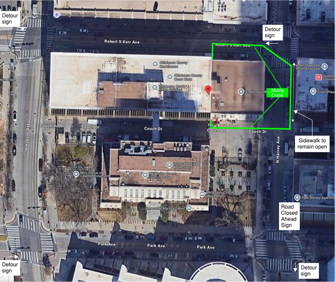 Beginning Monday, June 16, Harvey Avenue from Robert S Kerr Avenue to Park Avenue will temporarily close. Robert S Kerr Avenue from Harvey Avenue to Hudson Avenue will have the eastbound lanes closed through spring 2026 for private construction.
