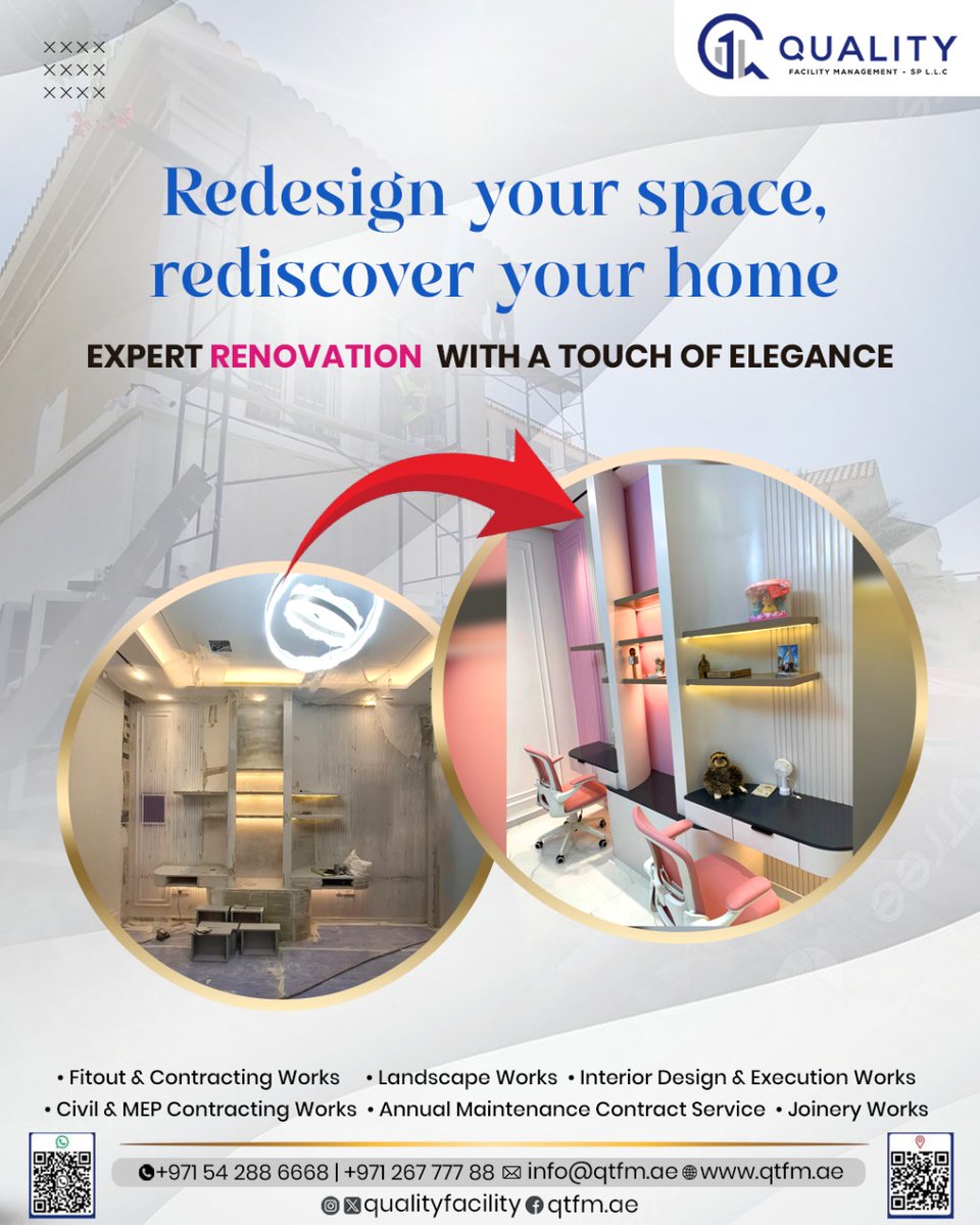 quality_facilit's tweet image. Proudly Showcasing Our Latest Complet Renovating Project! 
Ready to upgrade your space? Contact us! 📞
 For More details: 
☎️ +971 26777788  +971 542886668
🌐 qtfm.ae
 ✉️ info@qtfm.ae

#QTFM #QualityFacilityManagement #DesigningSpaces #InteriorDesign