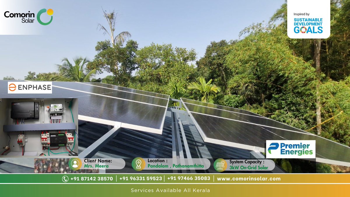 COMORINSOLAR1's tweet image. Customer Name : Mrs. Meera , Pandalam , Pathanamthitta
👉 Project Specification — 3KW On-Grid Solar Plant
👉 Inverter — Enphase India Micro Inverter
👉 Solar Panel — Premier energies 540Wp Panel

#energy #EnergyStorage #netzero #solarpower #solarsystem #ClimateAction #Kerala
