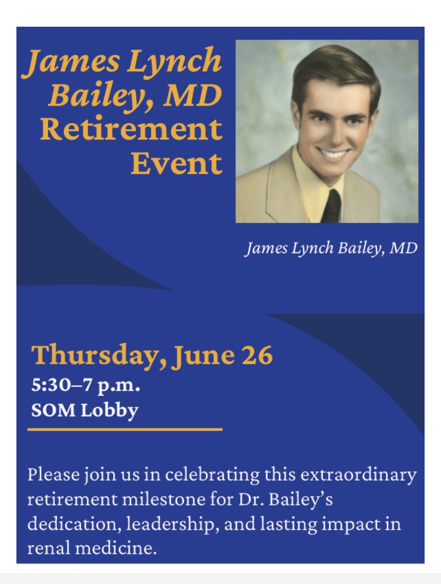Emory Nephrology (@emorynephrology) on Twitter photo Celebration 🎉 - Dr. James L. Bailey MD Retirement Party! Thursday June 26th - <a href="/EmoryMedicine/">Emory School of Medicine</a> Main Lobby 5:30 pm - 7 pm. Celebrating over 30 years as a faculty member & 23 years as fellowship program director! RSVP by 6/19 -4047273959 or mvelder@emory.edu Celebration 🎉 - Dr. James L. Bailey MD Retirement Party! Thursday June 26th - <a href="/EmoryMedicine/">Emory School of Medicine</a> Main Lobby 5:30 pm - 7 pm. Celebrating over 30 years as a faculty member & 23 years as fellowship program director! RSVP by 6/19 -4047273959 or mvelder@emory.edu